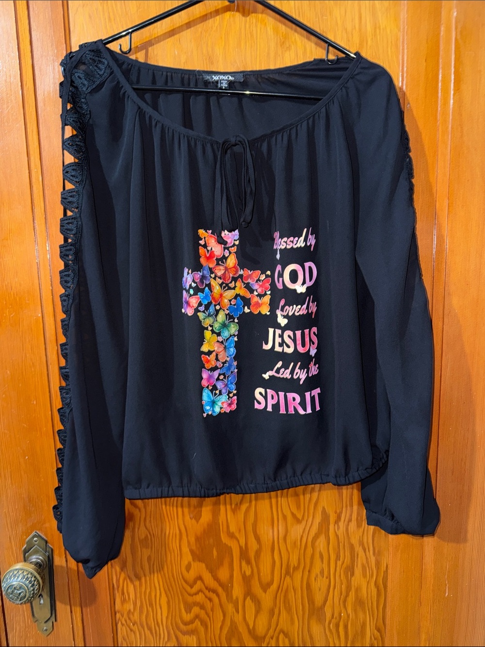XOXO Black Long-Sleeve Tunic with Multicolor Floral Cross